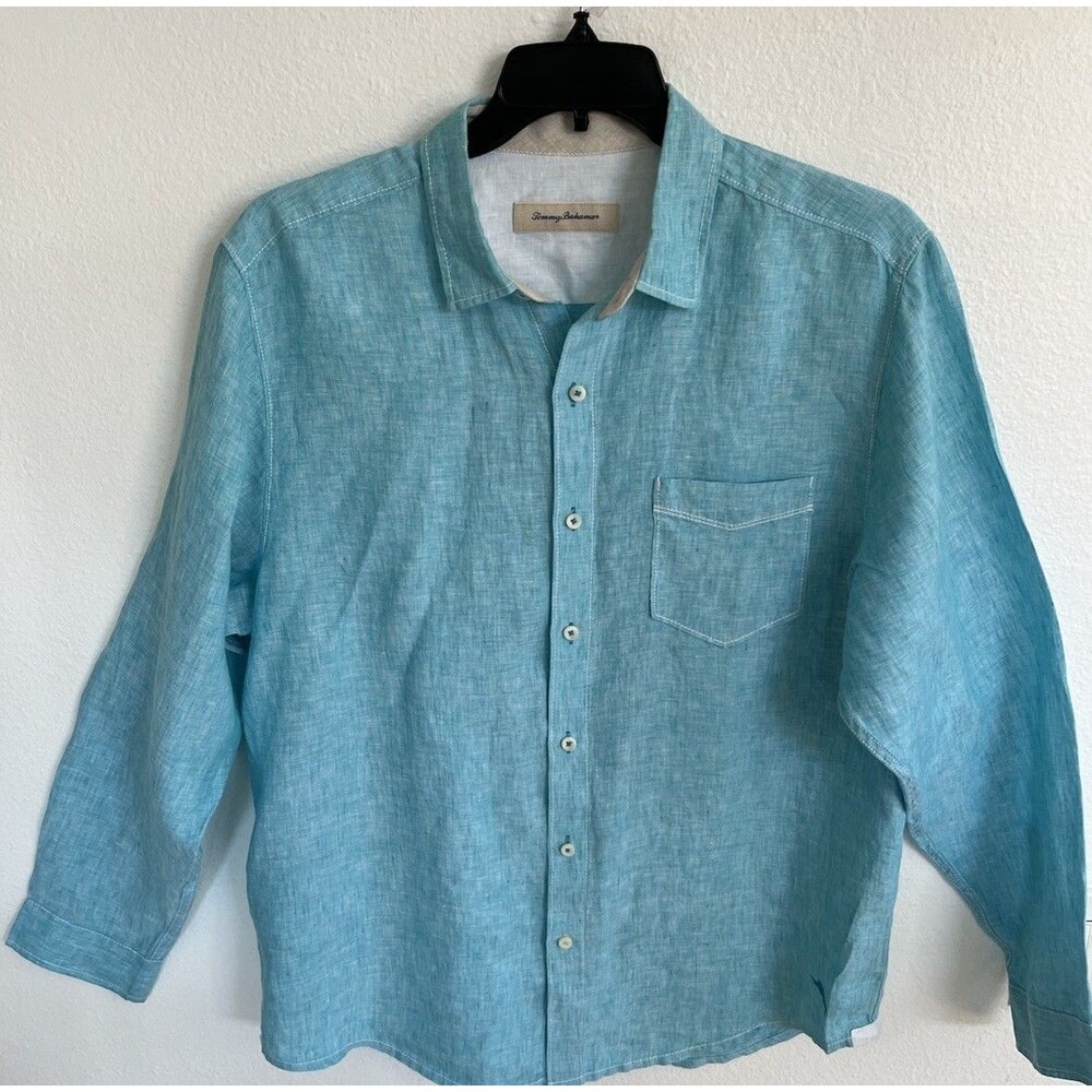 Tommy Bahama Turquoise 100% Linen Button Down Long Sleeve Mens Shirt Sz Large